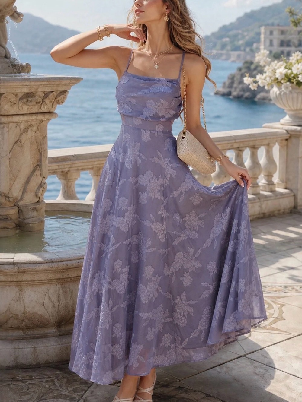 RIHOAS Lavender Lace Maxi Dress with Spaghetti Straps